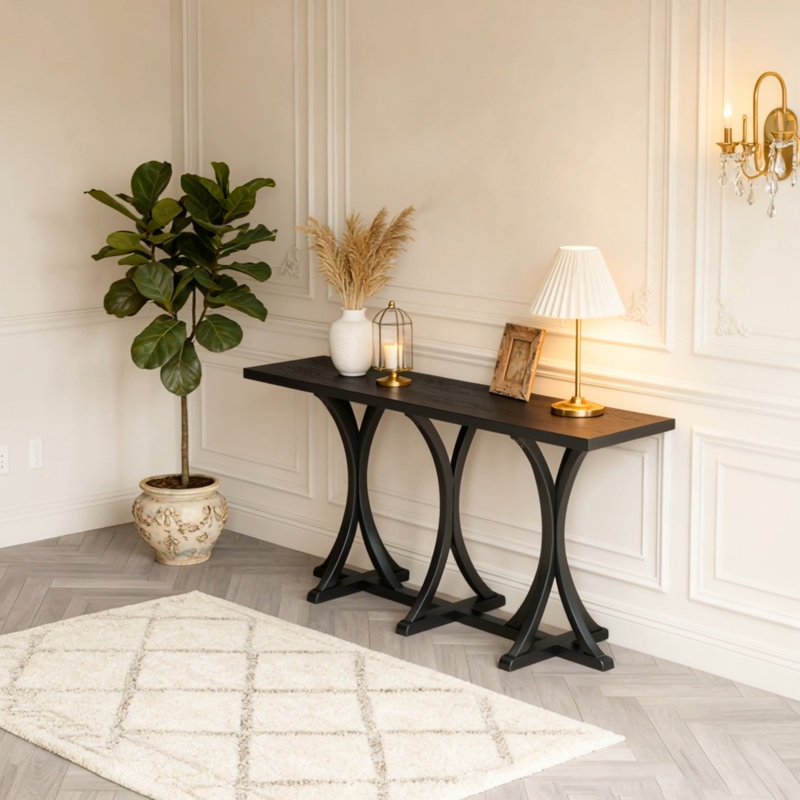 Wooden Console Table With Slender Curved Legs, Black
