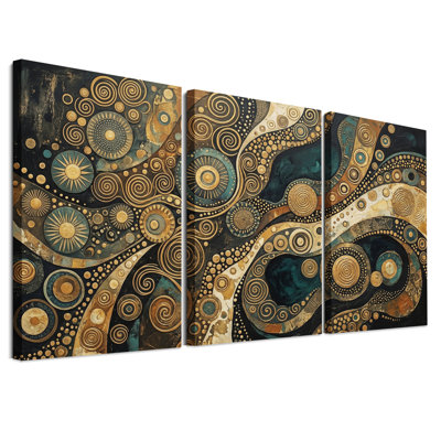 Ensemble de 3 toiles murales abstraites aux motifs tourbillonnants or et turquoise