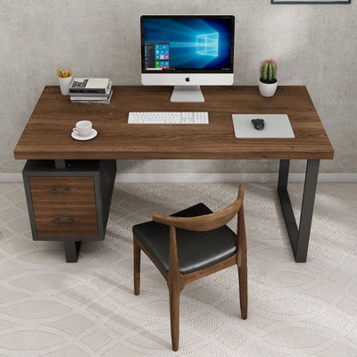 Walnut,Black Rectangular Solid Wood Executive desk with drawers desk