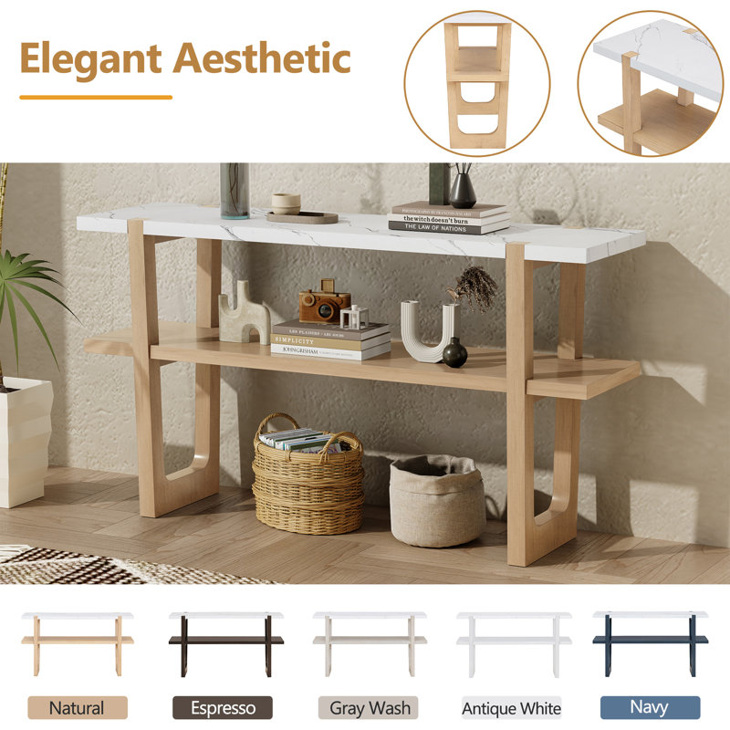 Narrow Console Table With Marble-Effect Top, Retro Entryway Table With Open Shelf, Sofa Table For Entryway, Hallway And Living Room