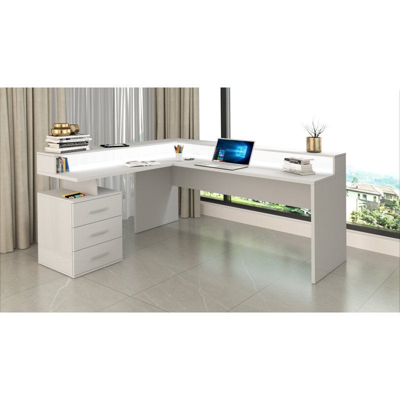 Basim L-Shaped Computer Desk, White