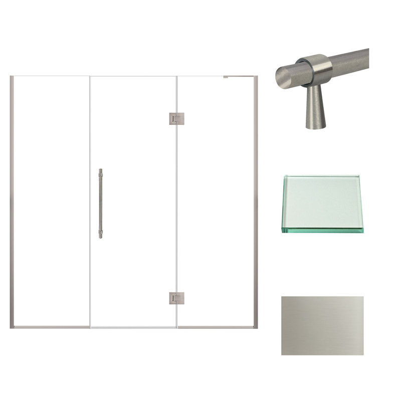 Porte de douche à charnière avec verre transparent l 72,5 po x H 76 po Transolide Elizabeth, Acier Inoxydable