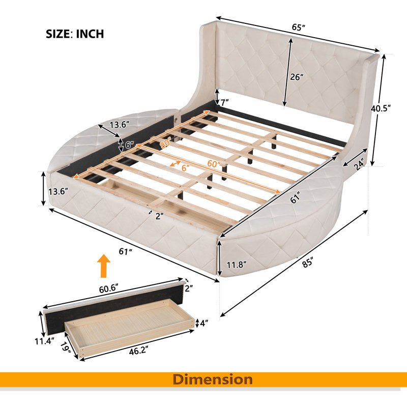Lit plateforme tapissier en velours avec tête de lit à oreilles, 1 grand tiroir et 2 tabourets de rangement latéraux, Beige