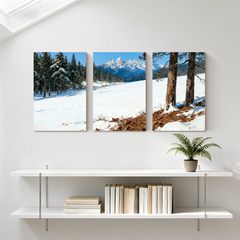 Forêt d'hiver, paysage de montagne enneigé, scène d'hiver, arbres de pin, ensemble de 3 impressions sur toile