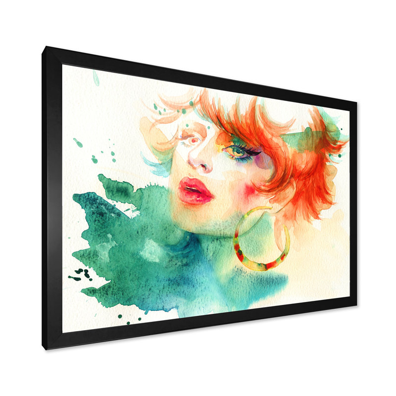 Portrait de femme modèle coloré - œuvre d'art sur toile Glam, H 8 po x l 12 po x P 1 po, Cadre noir