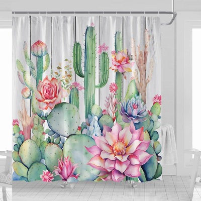 Desert Bloom Shower Curtain - Cacti Succulent Tropical Flower Green Plant Design, Wooden Board Fabric, Bathroom Decor with Hooks