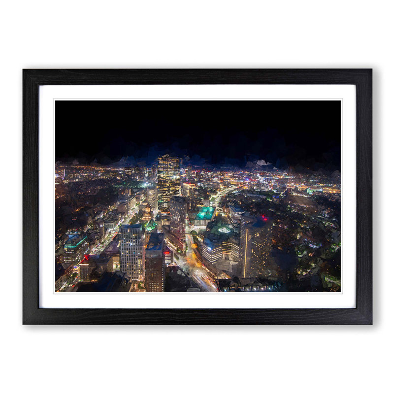 Night in Boston Massachusetts in Abstract - Picture Frame Graphic Art Print, 27cm H x 36cm W x 2cm D, Black Framed