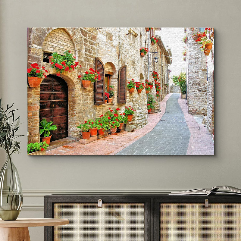 Italian Village Street Floral Landscape Canvas Art in 32" x 48"
