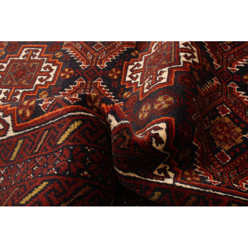 Tapis rouge foncé en laine noué à la main de conception unique 2 pi 11 po x 5 pi 3 po Lebo