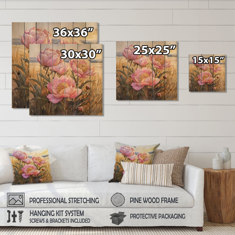 Peonies In The Golden Hour Field I - Peonies Wood Wall Art - On Natural Pine Wood, 36" H x 36" W x 0.78" D