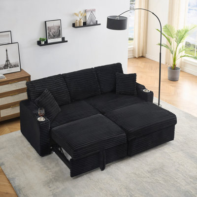 80" Corduroy Multi-Function Sofa With Hidden Reclining, Space Saving Design, Armrests, Cup Holders And Removable Footstool by Latitude Run