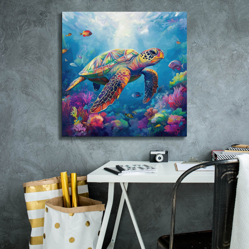 «Turtle In Corals» par Rich Monet, art mural sur toile, H 26 po x l 26 po x P 1,5 po