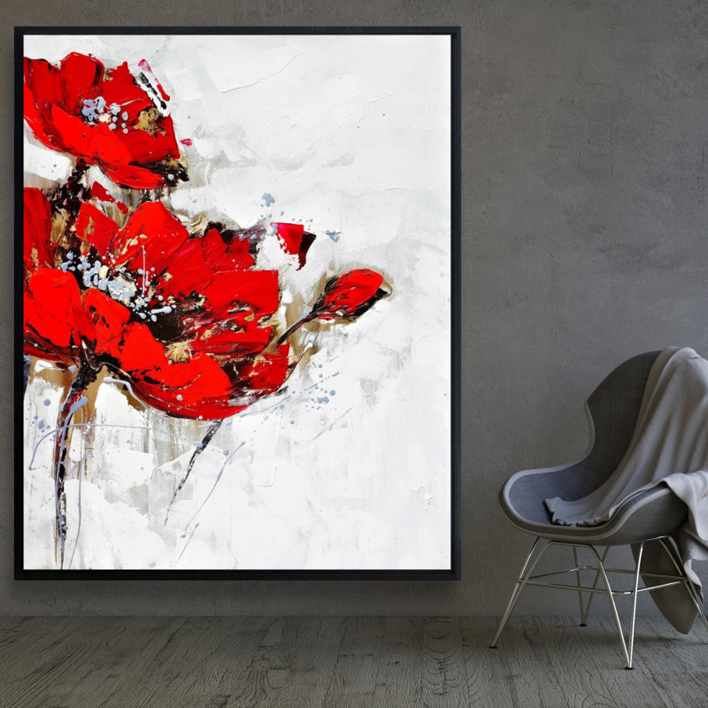Abstract Red Flowers With Texture Print On Canvas