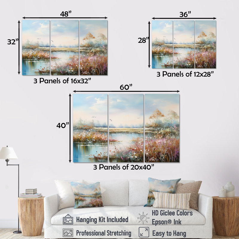 Flower Meadow Charm - Ensemble de décoration murale pré, Toile tendue, H 40 po x l 60 po x P 1 po