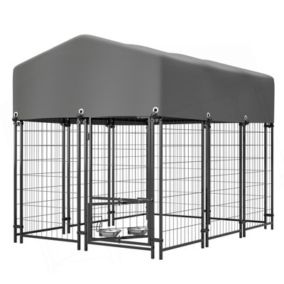 Niche pour chien d'extérieur avec toit, clôture en fil soudé de 4,23 pi x 5,82 pi x 4,83 pi, cage pour chien robuste avec couvercle imperméable résistant aux rayons UV, double verrou et mangeoire rotative
