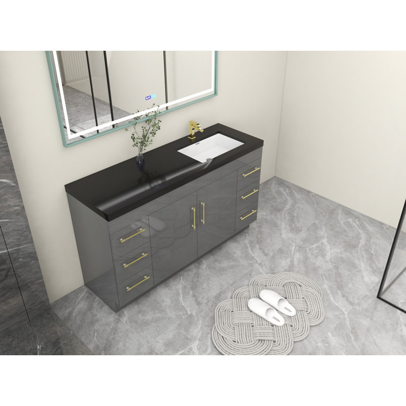 60'' Single Bathroom Vanity with Plastic Top, Matte Gold, High Gloss Gray