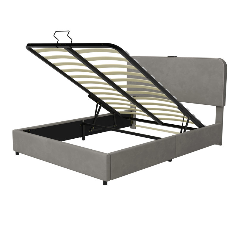 Lit plateforme de rangement hydraulique rembourré avec plateforme, lit de rangement relevable avec lumière DEL RVB, haut-parleur Bluetooth, aucun sommier nécessaire, velours litchi,
