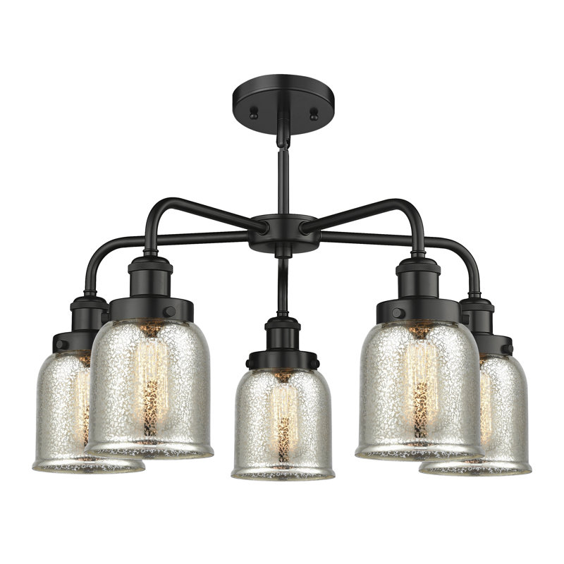 Lustre en verre à 5 lumières Bell, Argent mercuré plaqué, Noir mat