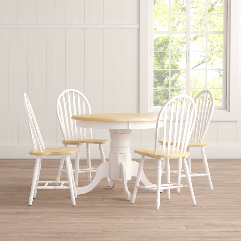 Kaneshiro Solid Wood Top Pedestal Dining Set, White/Natural, 5 Pieces: Table, 4 Chairs