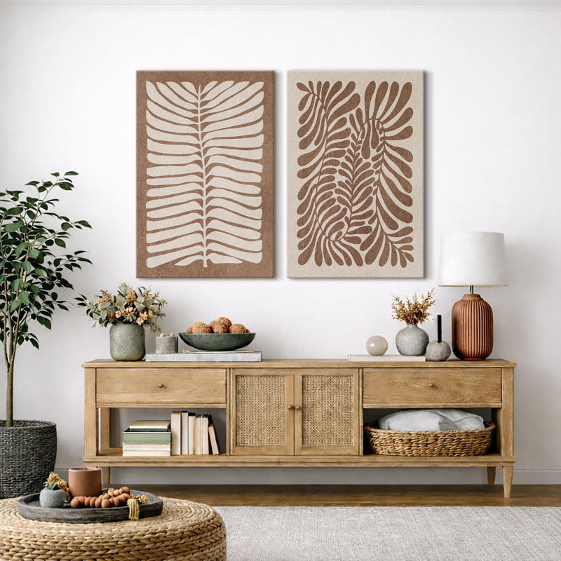 Abstrait botanique ", feuilles brunes délavées, œuvres d'art murales rétro bohème classique, impression sur toile encadrée giclée 2 pièces" 16 x 24 x 2 pièces, 24 x 36 x 2 pièces