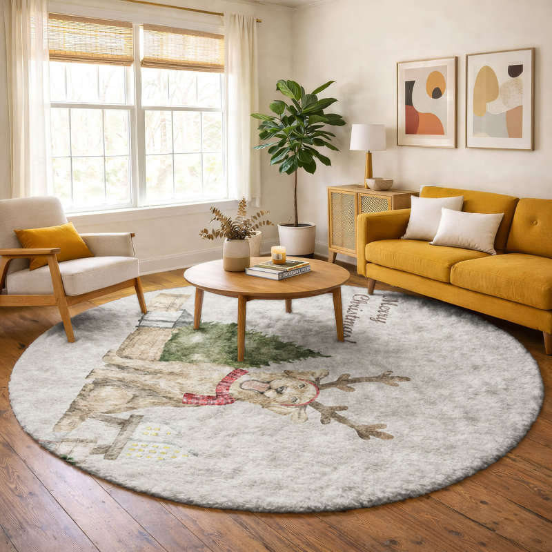 Premium Machine Washable Dream Shag ADS219 Christmas Dog and Tree Rug, 8' Round
