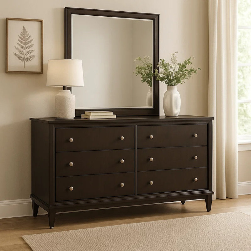 Commode large Amber avec miroir, 6 tiroirs, bois brun, boutons argentés