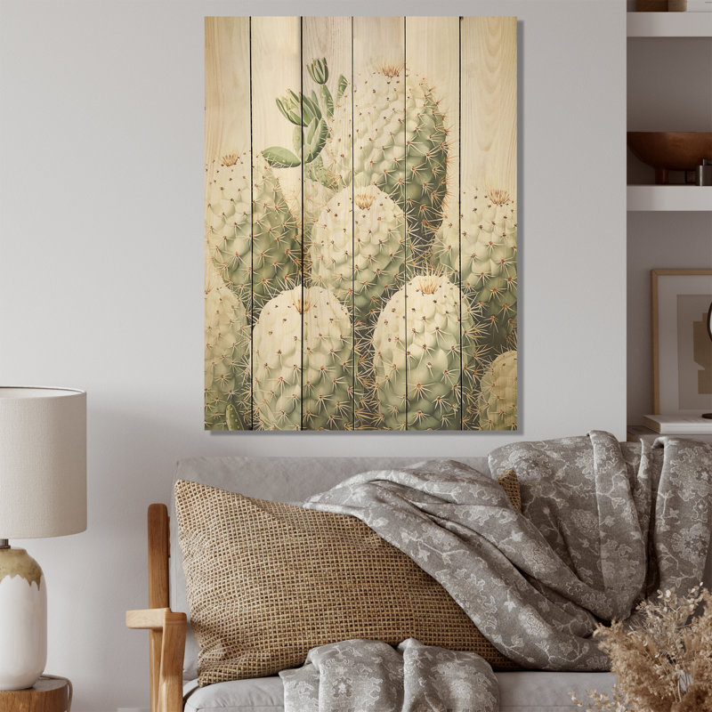 Cactus minimaliste beige et vert - bois de cactus sur bois de pin naturel, H 40 po x l 30 po