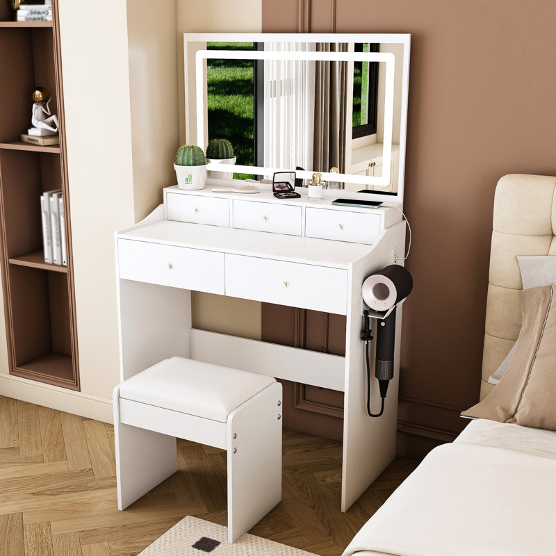 New Large Modern Makeup Vanity Desk For Bedroom, 5 Drawers, 3 Lighting Color Options, Power Outlet, Hair Dryer Holder, And A 30.3 - Inch X 19.3 Full Face Mirror White Adjustable Lighting, Spacious