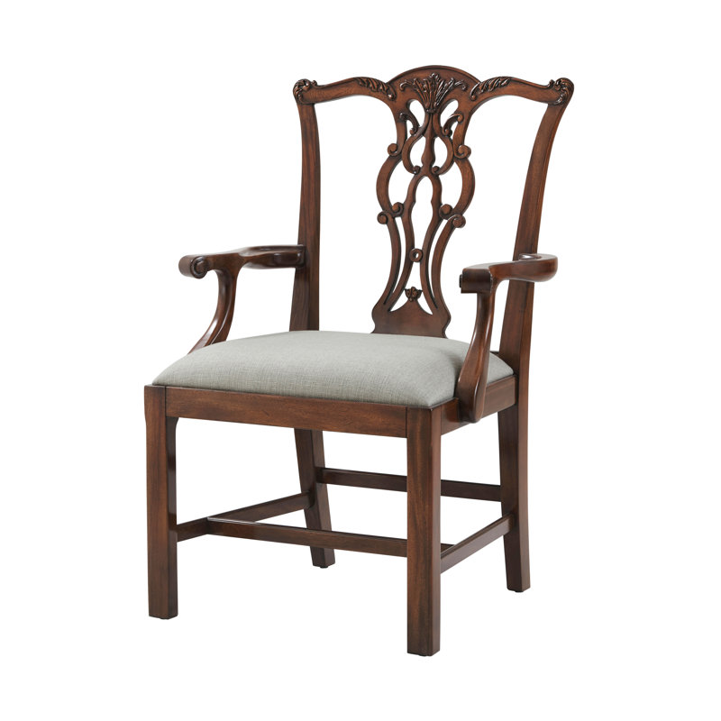 Mahogany Chippendale Upholstered Arm Chair with Gray Seat