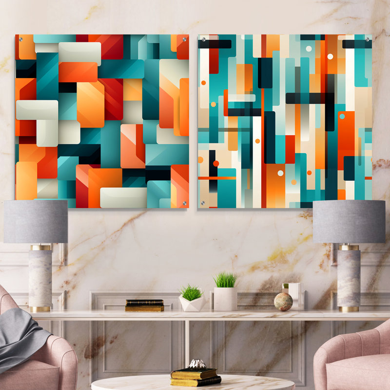 Orange et vert Popart Pop culture Pixels - formes abstraites en acrylique, ensemble d'art sur verre, ensemble de 2