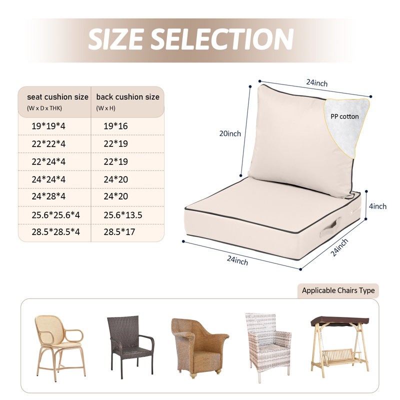 24 x 24 In Patio Furniture Cushions set of 4, Fade Resistant Outdoor Seat Cushions with 4 pairs of Ties, Deep Seat Cushion for Seat Patio Chairs, Rattan Furniture, Wicker Seating, outdoor Adirondack Chair,Beige