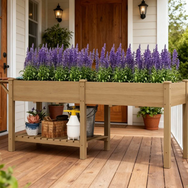 Elevated Garden Bed,Wood Raised Garden Box,With Side Table,Bottom Shelf,Bed Liners And Drainage Holes, Brown