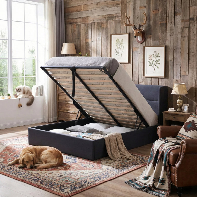 Lit plateforme tapissier avec rangement Gaillarde, Grand, Gris foncé