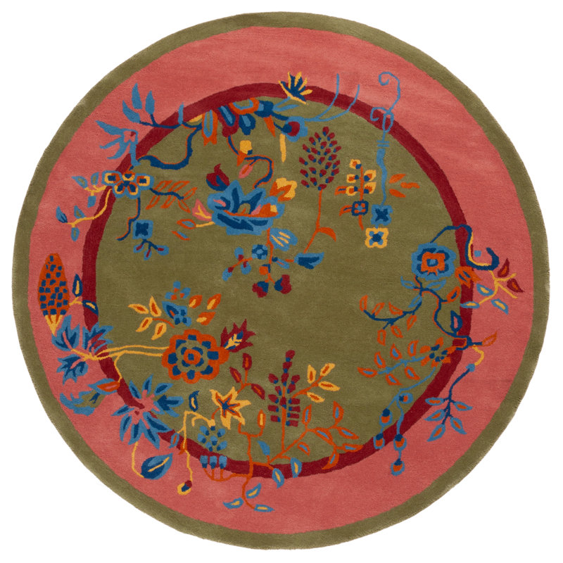 Anticur Hand Tufted Wool/Cotton Floral Rug in Green/Pink, Round 6"