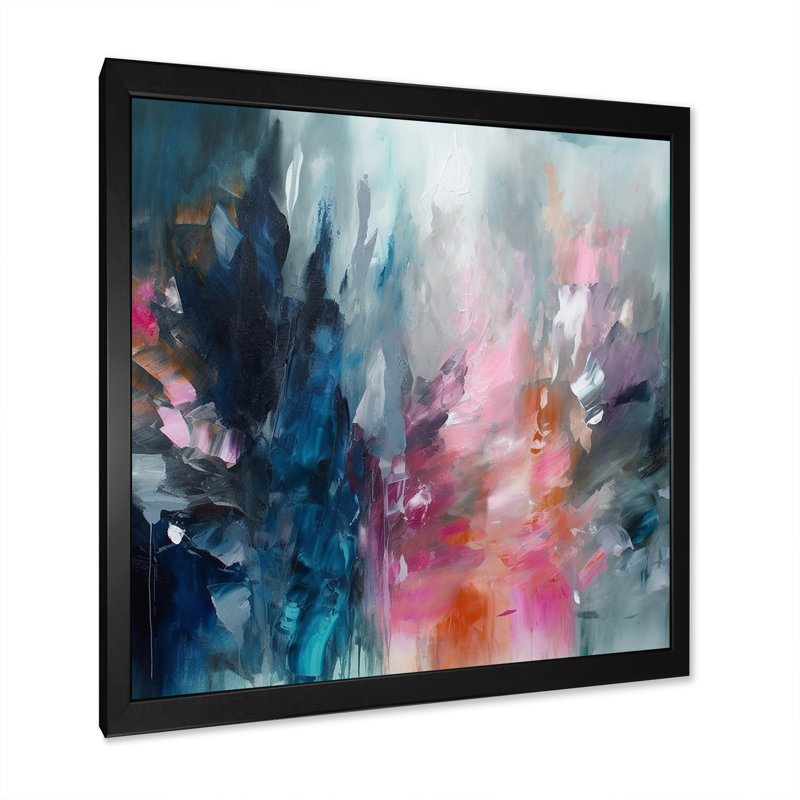 «Delvontae Blue and Pink Explosion Abstract», art mural abstrait, H 16 po x l 16 po, Impression encadrée, Noir