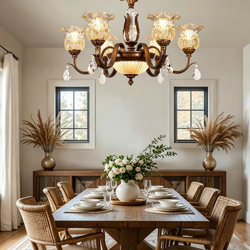 Lustre 33,86 po American Vintage, luminaire suspendu en fer forgé 8 lumières, éclairage de salon