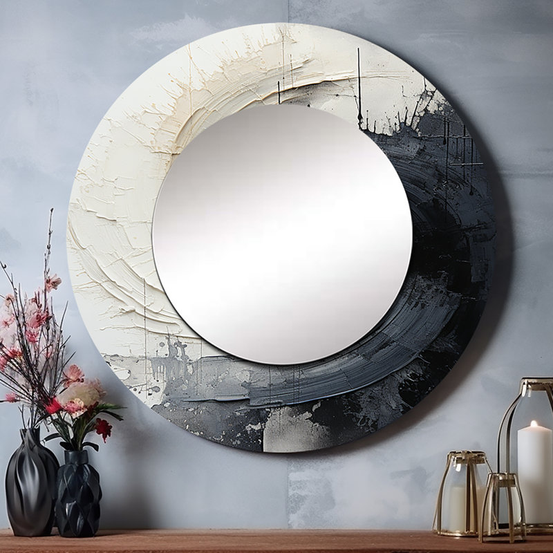 Contrast Harmony I - miroir mural unique à spirales abstraites, miroir rond beige, impression d'art en métal, 23 po x 23 po