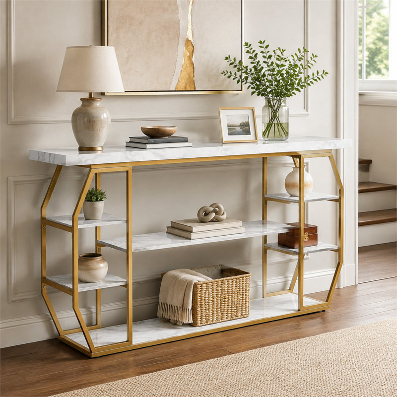 Grande console en marbre de 70,9 pouces à plusieurs niveaux avec un design géométrique doré moderne et minimaliste et une touche de luxe discret; convient à divers décors.