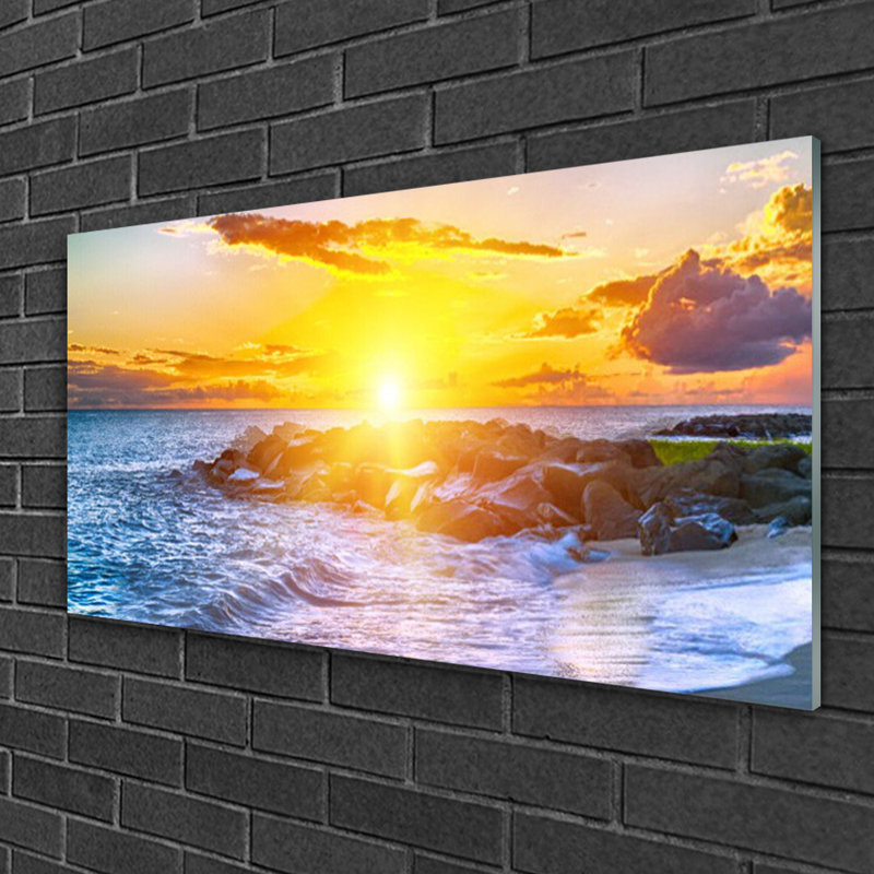 Glass Print Wall Art 100X50cm Image Printed On Glass Decorative Wall Picture Behind Toughened / Tempered Safety Real Glass For Kitchen & Living Room Theme: Sun Sea Landscape