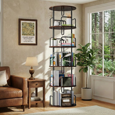 5 Tier 360° Rotating Bookshelf Tower, Spinning Narrow Tall Bookcase, Revolving Round Vertical Bookshelf Organizer Storage For Bedroom Living Room, Brown