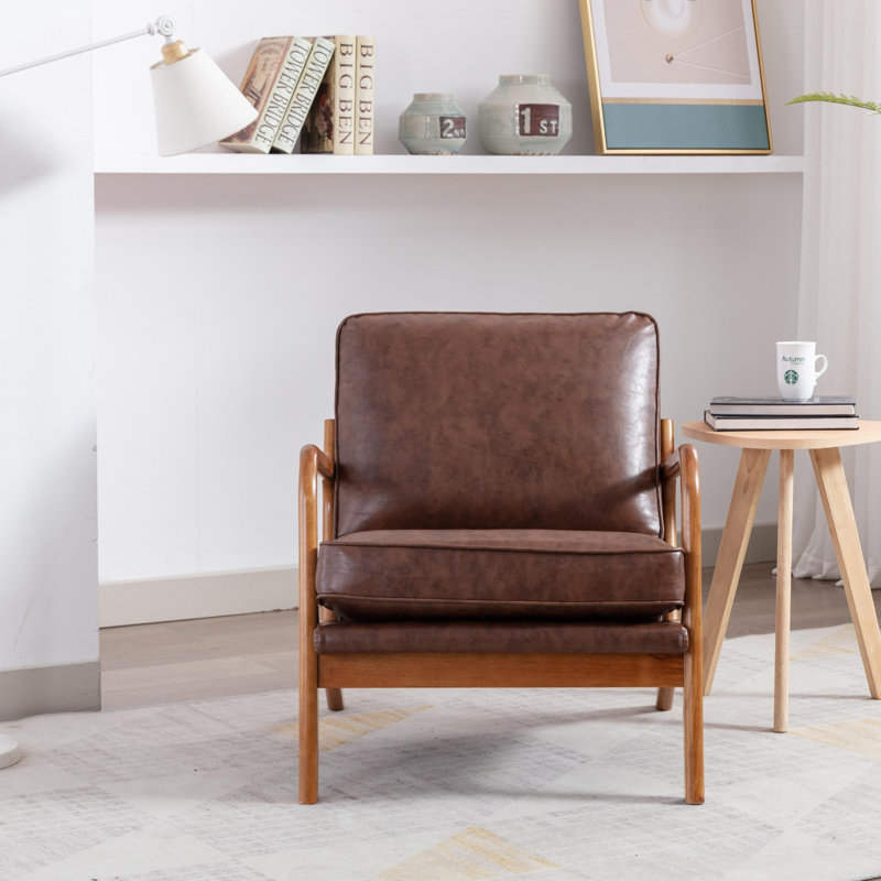 Gianni Upholstered Wooden Accent Chair With Cushions, Brown PU Leather