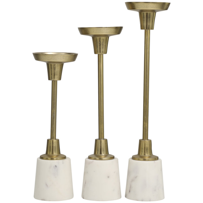 Gold Aluminum and White Marble Tabletop Candle Holder Set