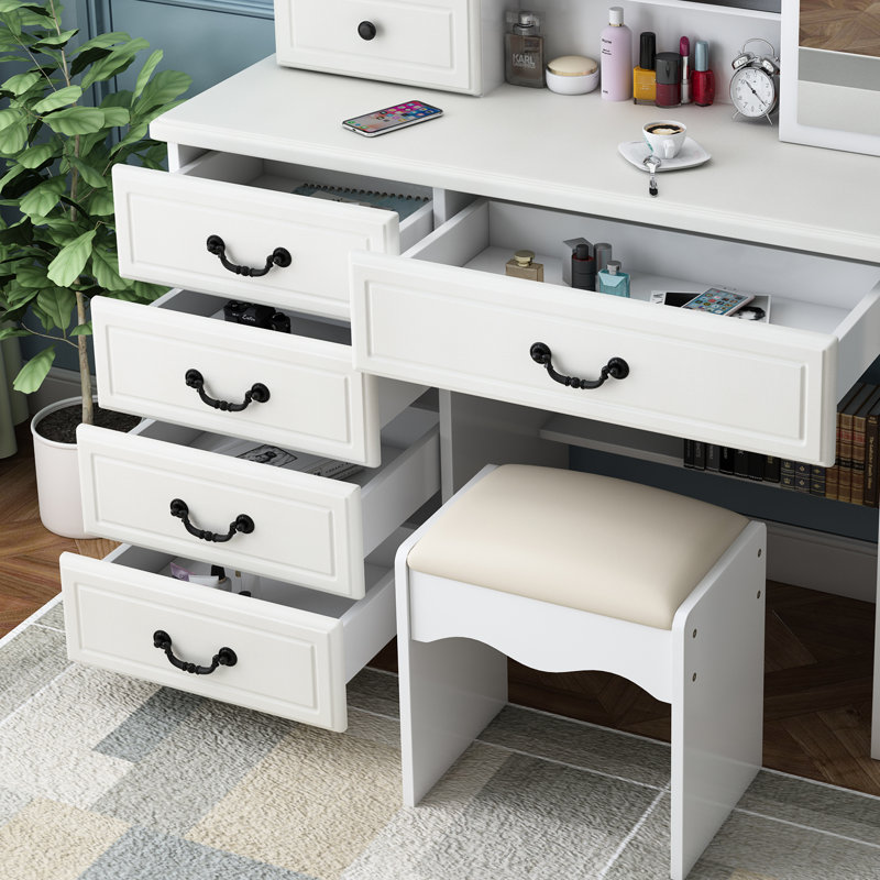 Coiffeuse élégante avec éclairage et table - 3 couleurs au choix, meuble de rangement avec grand miroir, 6 tiroirs, construction