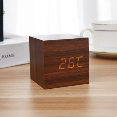 Wooden Minimalist Led Digital Alarm Clock, Voice Control, 3 Alarms, Temperature Display For Bedroom Home Office 