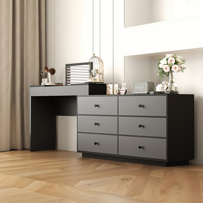 Carmavy Extendable Vanity Makeup Table Home Office Wooden Desk with Flip-Top Makeup Mirror and 6 Storage Drawers, Gray/Black
