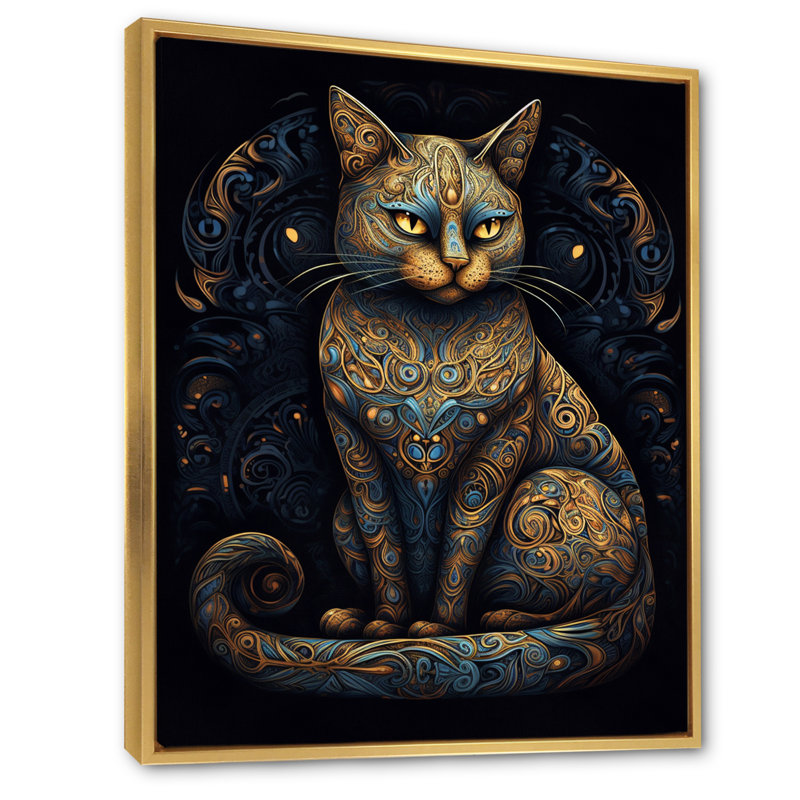 Chat doré bleu glamour rétro, 20" H x 12" W, Cadre flottant doré