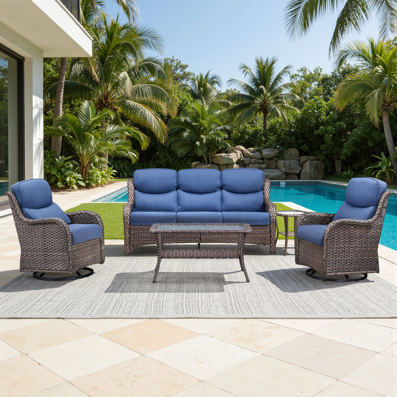 5 - Person Handwoven Wicker Patio Conversation Set With Swivel Glider Chairs & Side Table, 5" Olefin Cushions, Brown, Blue