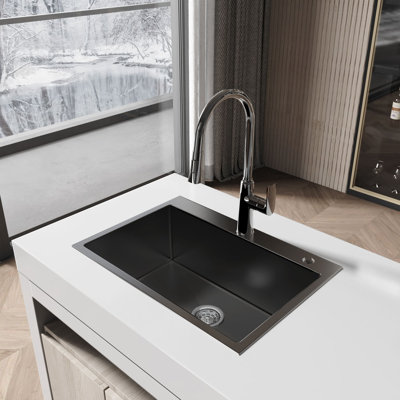 Évier de cuisine à cuve simple en acier inoxydable avec ensemble de drain Overmount