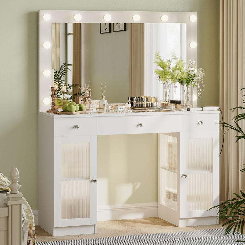 White Makeup Vanity Desk with Lighted Mirror & Power Outlet, Drawers & Cabinets, Glass Top Dressing Table with 3-Color LED Lights – Ideal for Women & Girls