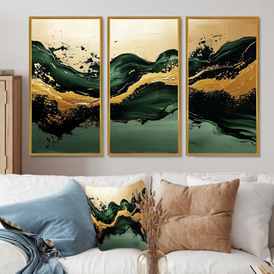 Golden Sands of Emerald Marble Shadows III - art mural en marbre pour le salon - ensemble de 3
